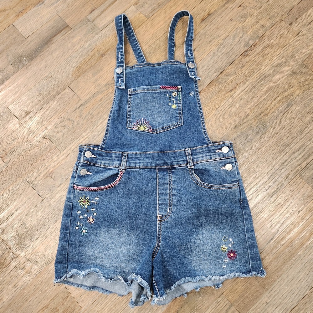 Cat & Jack Girls Large‎ Blue Ultimate Stretch Denim Shortall Overall Embroidery